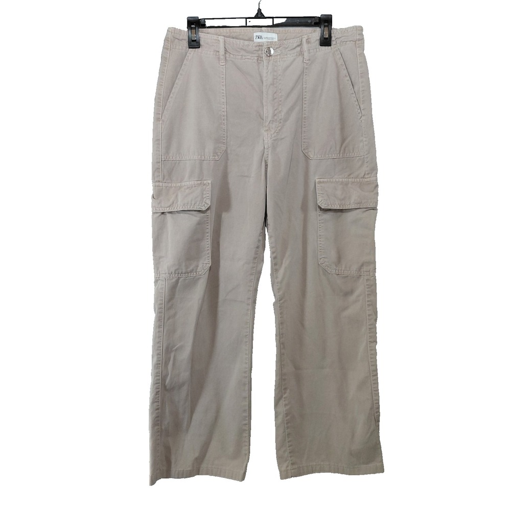 Zara Wide Leg Cargo Pants Khaki Tanβ Women's Sz 8 High Rise Baggy Utility